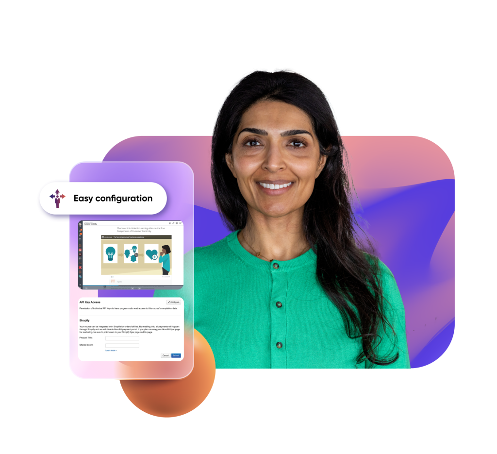 NovoEd Integrations Page - Integrations Graphic Woman with Screenshots